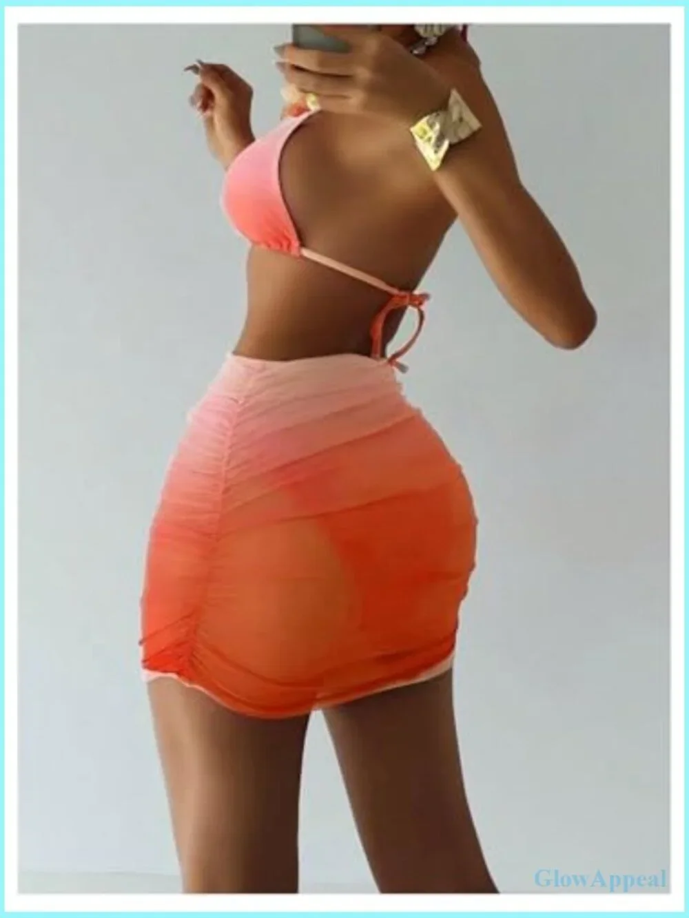 3 Piece Floral Ombre Halter Triangle Bikini Set with Swim Skirt Cover Up